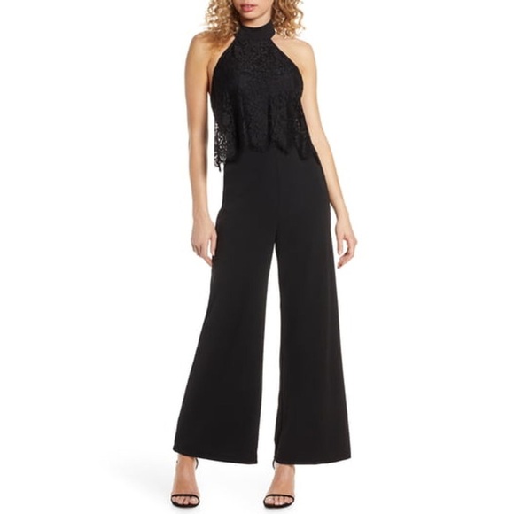 [Lulus] Black Lace HalterJumpsuit